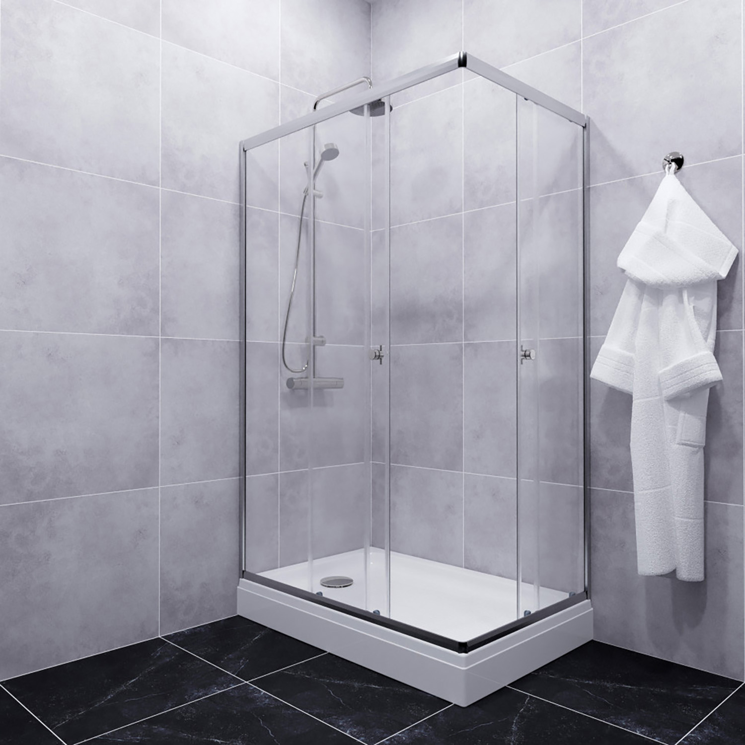 Душевой уголок 120*80*202 Вента-Хром поддон прямоугольный, низкий, Белый, стекло прозрачное (2места+сифон D90мм)