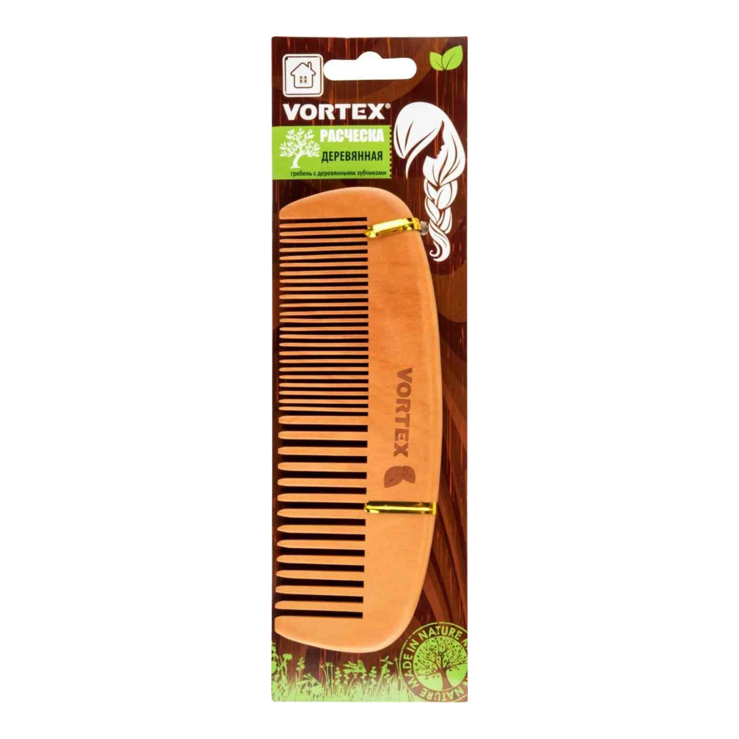 яяяРасческа деревянная, гребень, 16х5 см, с деревянными зубчиками "VORTEX" / 30