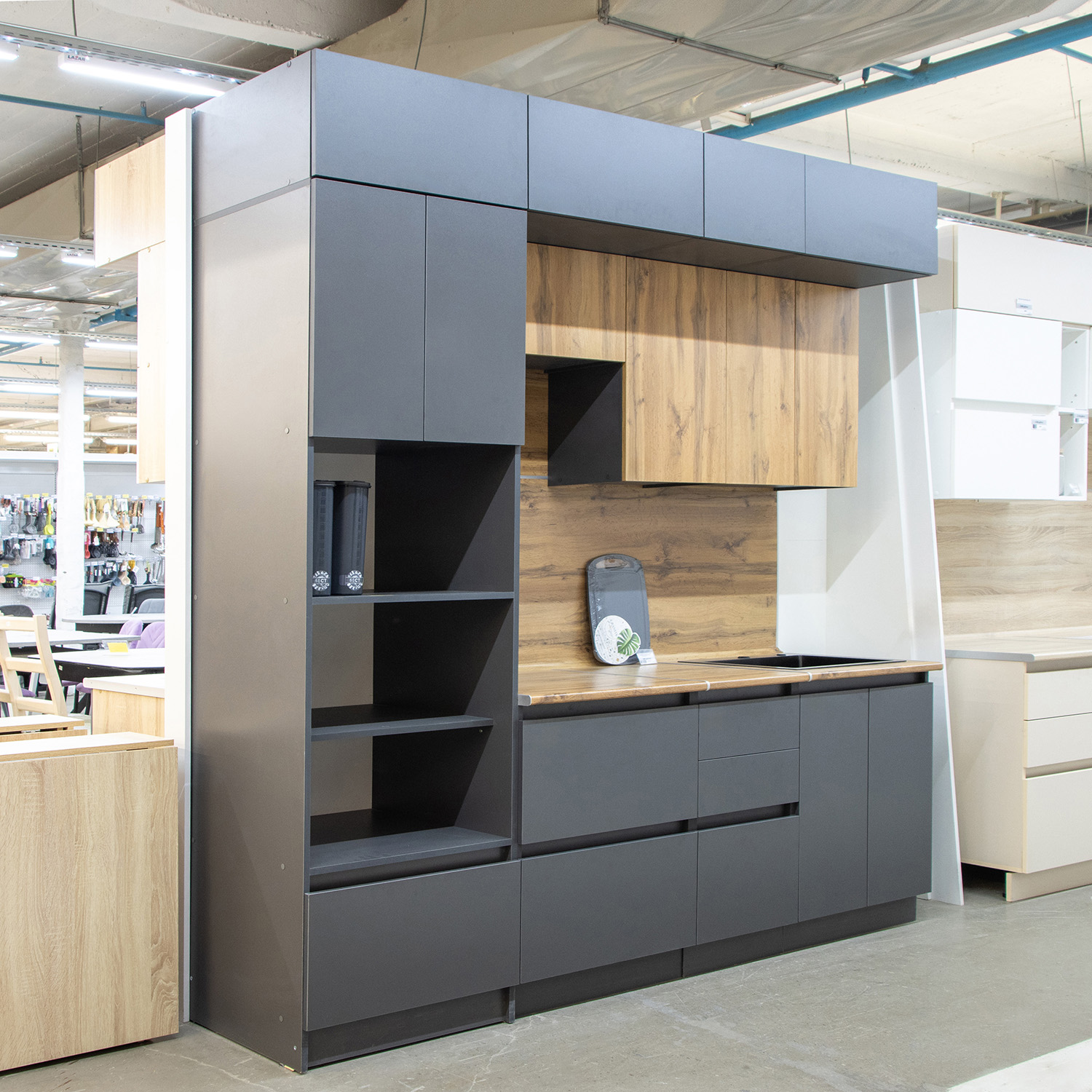 Шкаф навесной 600х300х550 мм BROZEX-WOOD Next, 3 ярус, графит / дуб вотан