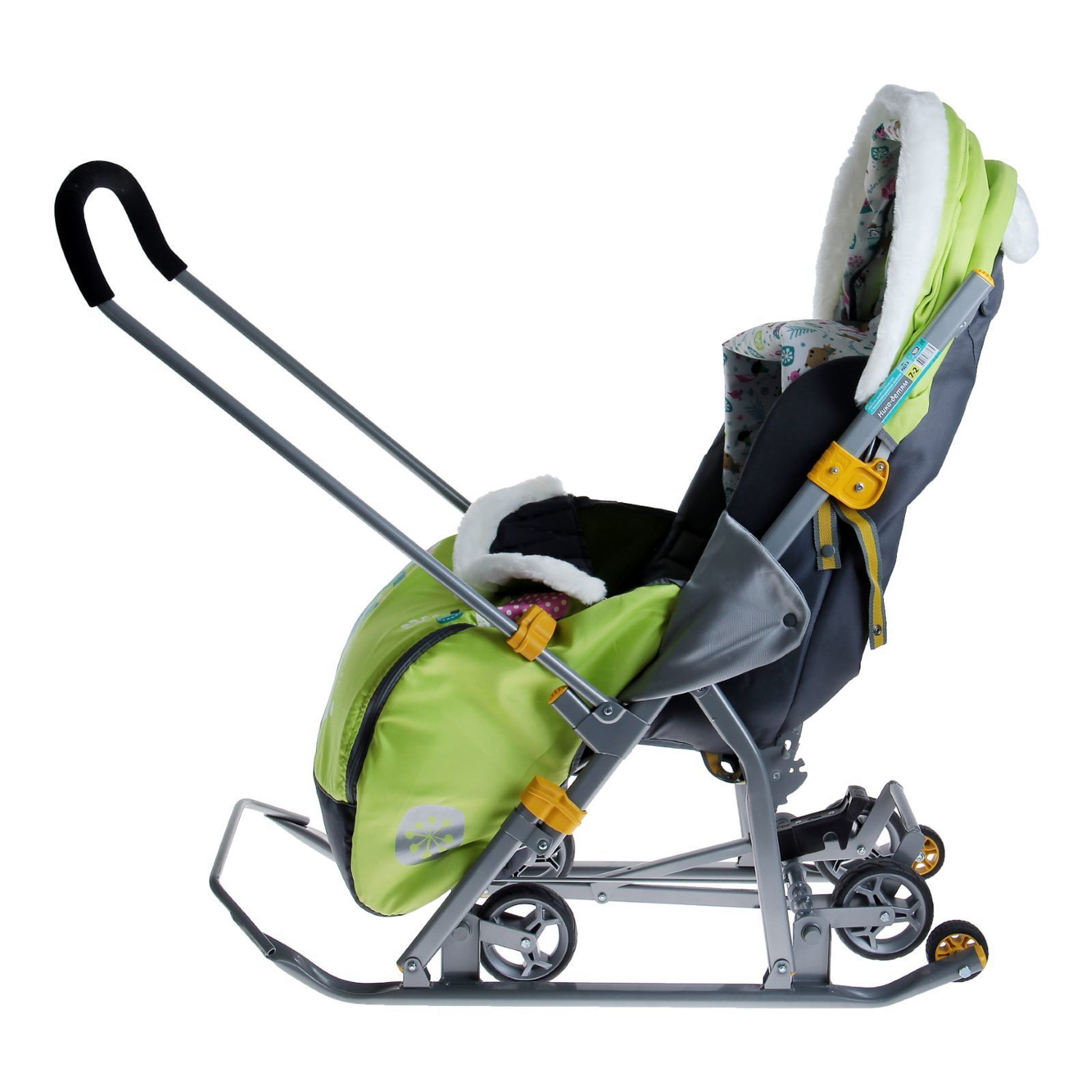 Санки-коляска детские "Ника Детям 7-2" лимонный рис."жираф" плоск.полозья/колеса НД7-2  *1