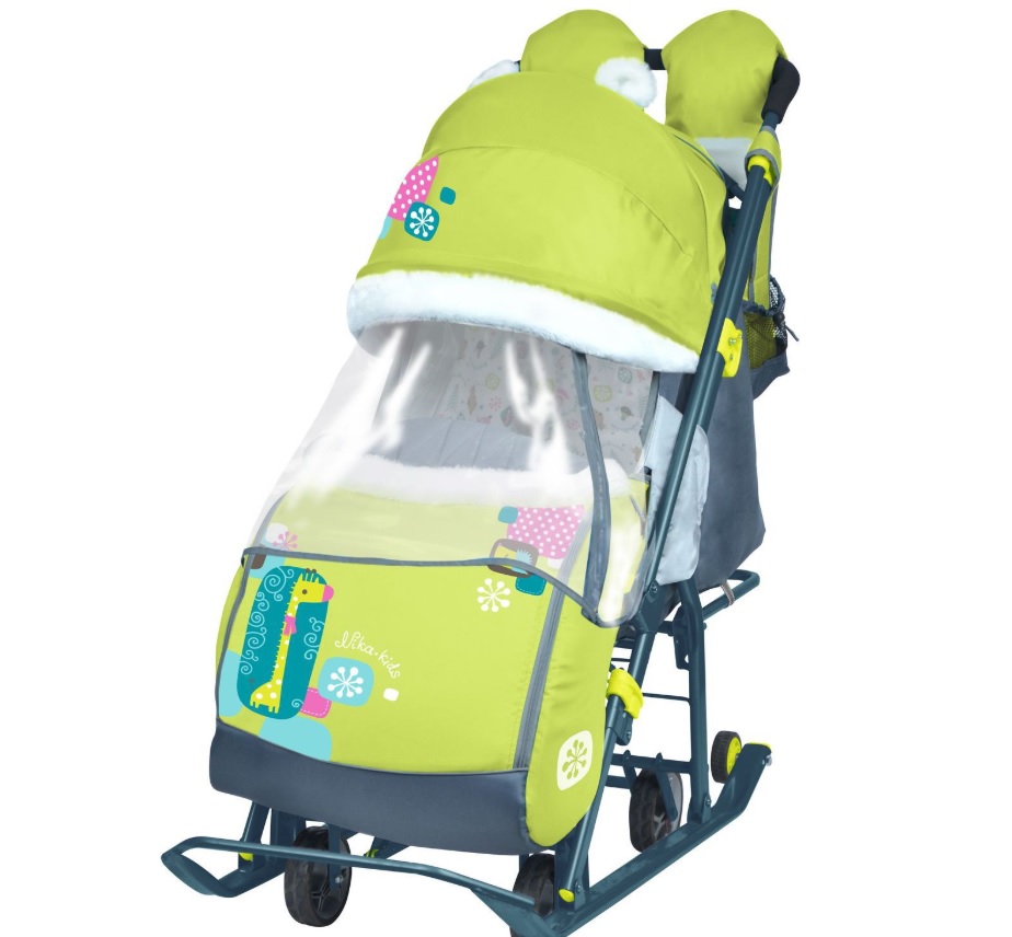Санки-коляска детские "Ника Детям 7-2" лимонный рис."жираф" плоск.полозья/колеса НД7-2  *1