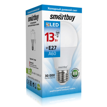 Лампа светодиодная Smartbuy, Е27, груша A60, 13 Вт, 1040 Лм, 6500 К, холодный белый