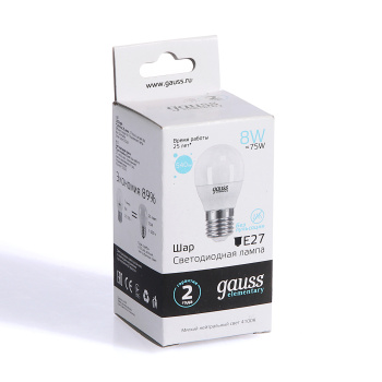 Лампа светодиодная Gauss Elementary, Е27, шар, 8 Вт, 540 Лм, 4000 К, нейтральный белый