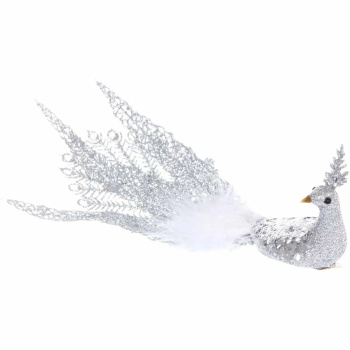Новогоднее украшение "Волшебный павлин" 26*9,5*8 см (на прищепке), Серебро