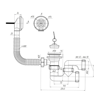 Обвязка в ванну с выпуском и переливом 1 1/2", регулируемый, без гофры АНИ E250 *1/35