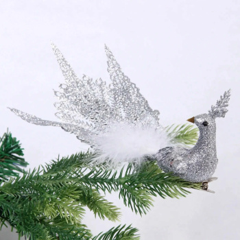 Новогоднее украшение "Волшебный павлин" 26*9,5*8 см (на прищепке), Серебро