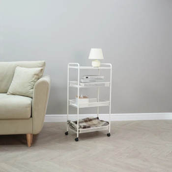 Этажерка металл. "Ладья34КС" 4-х ур.: 3 корз.+Полка, в.0,88м,ш.0,45,гл.0,3м, на кол. Белая Э357Б *1