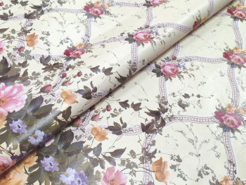 Клеенка на нетканой основе "Верона" "Цветы" роз.-зел.-жел.на беж. шир.1,37м GW-21790 "Great Way" *30