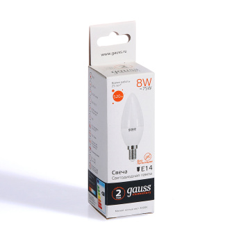 Лампа светодиодная Gauss Elementary, Е14, свеча, 8 Вт, 520 Лм, 3000 К, теплый белый